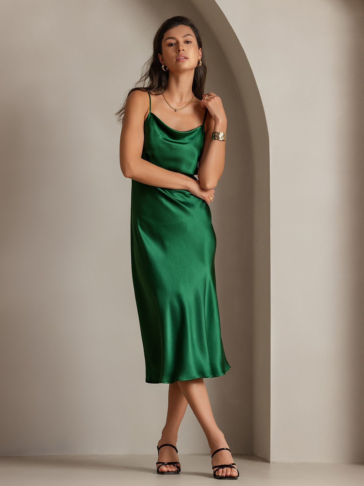 [Green] SilkSilky-AU Pure Silk Sleeveless Cowl Neck Dress 004