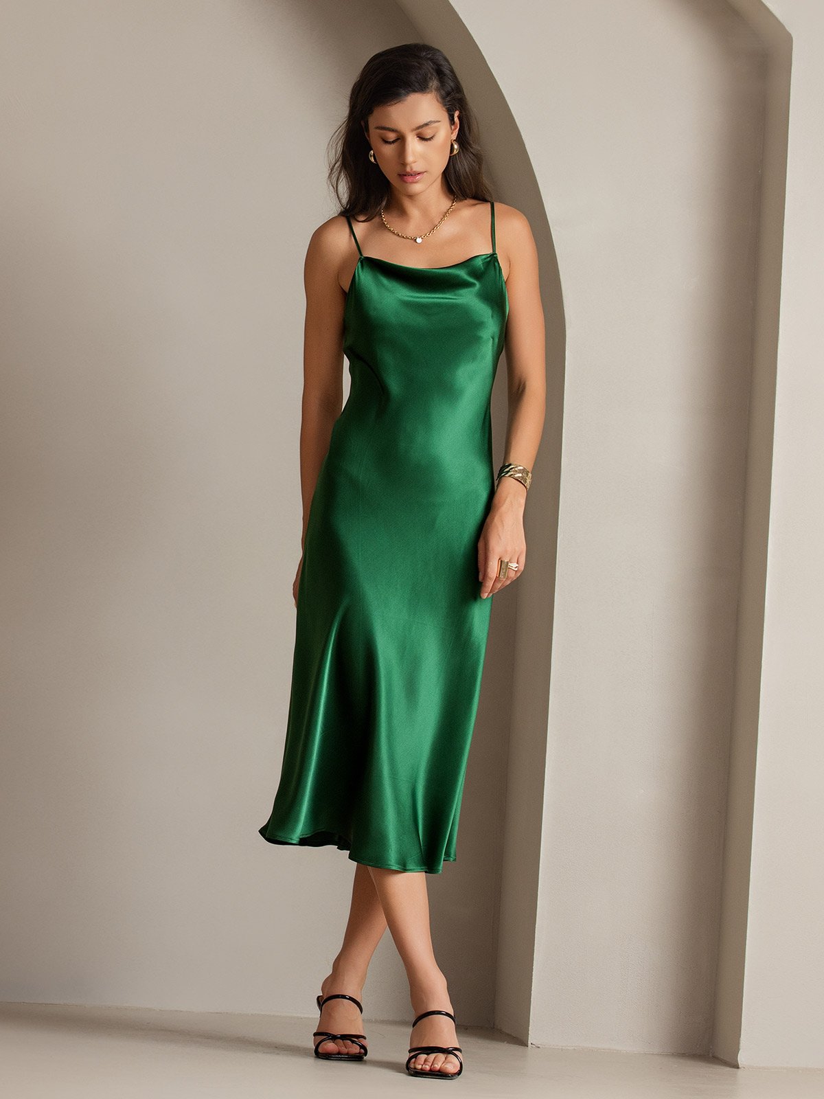 [Green] SilkSilky-AU Pure Silk Sleeveless Cowl Neck Dress 007