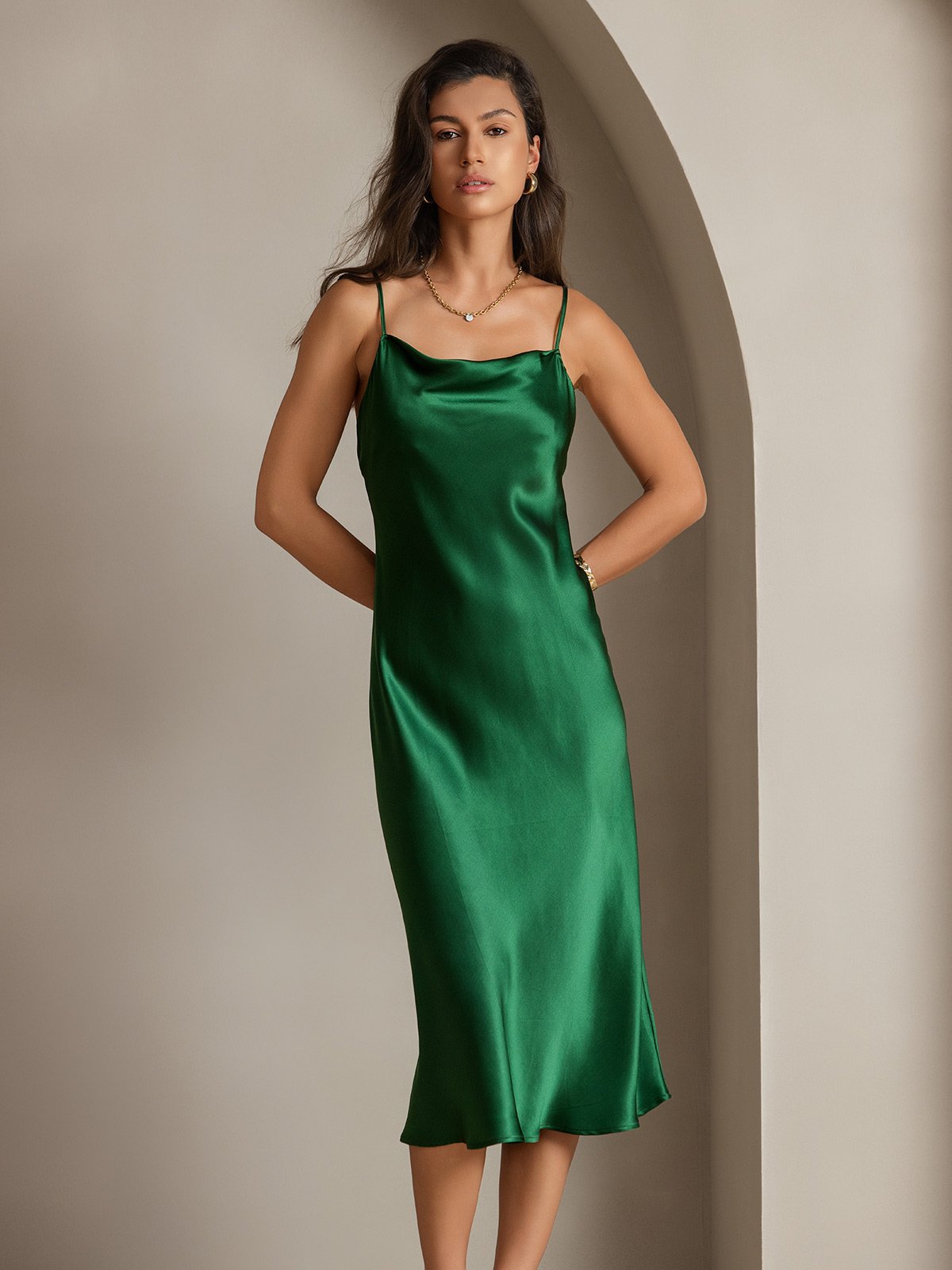 [Green] SilkSilky-AU Pure Silk Sleeveless Cowl Neck Dress 008