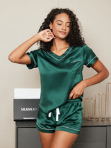 [Green] SilkSilky-AU Pure Silk Short Sleeve V Neck Women's Pyjamas 002