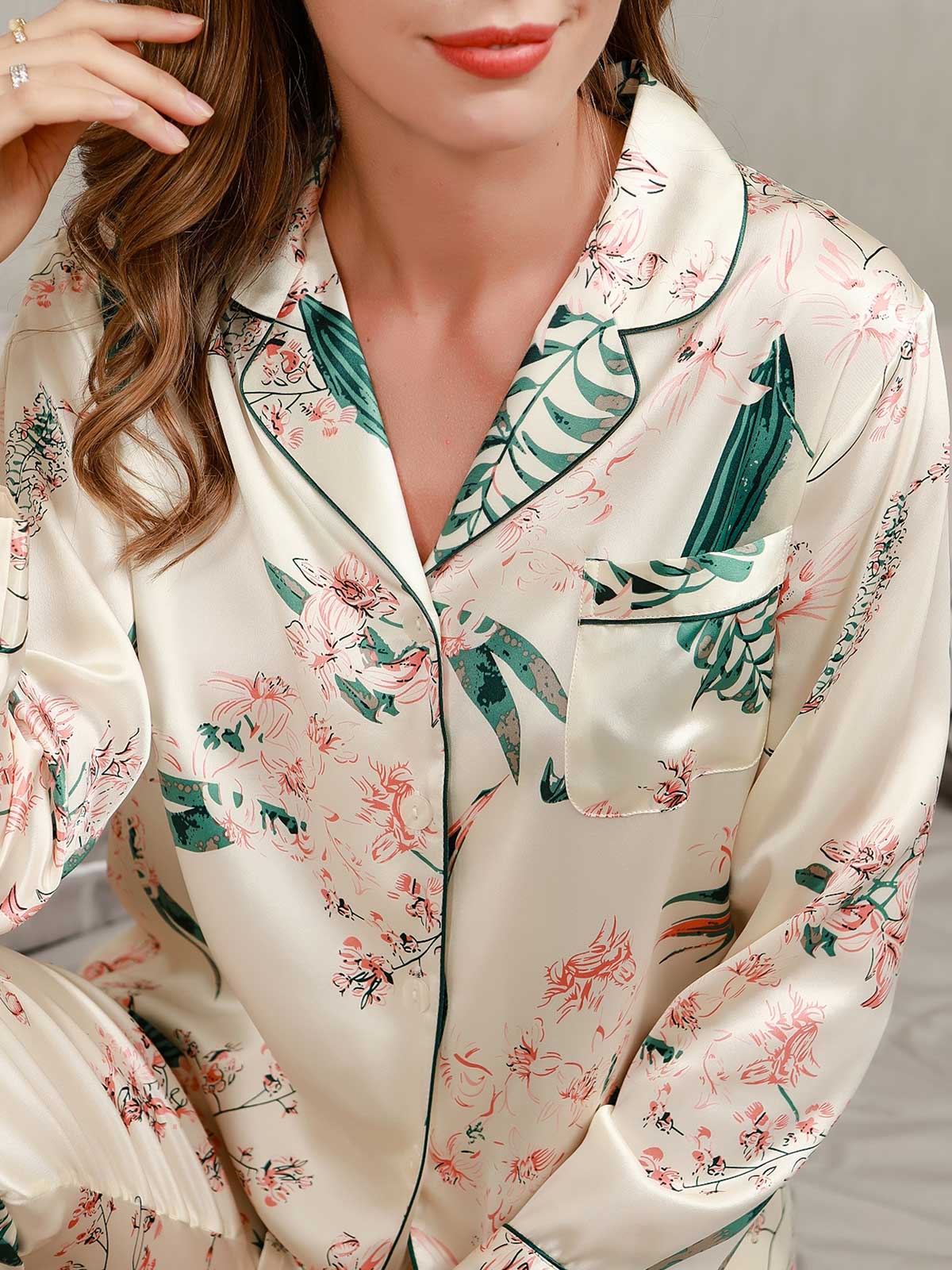 [Ivory] SilkSilky-AU Pure Silk Long Sleeve Lapel Women's Pyjamas 007
