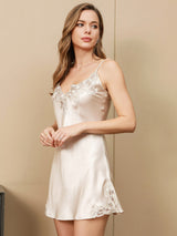 [Ivory] SilkSilky-AU 3/4 Sleeve V Neck Nightgown&Dressing Gown Set 006