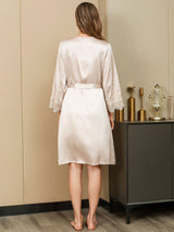 [Ivory] SilkSilky-AU 3/4 Sleeve V Neck Nightgown&Dressing Gown Set 007