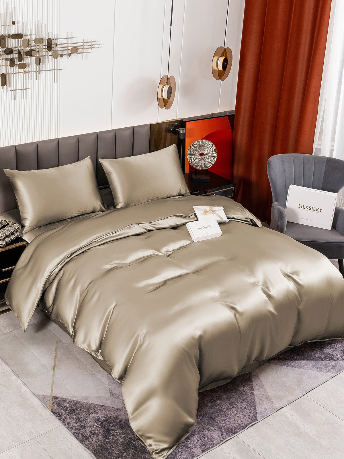 [Khaki] SilkSilky-AU 19Momme Pure Silk Bedding Set 001
