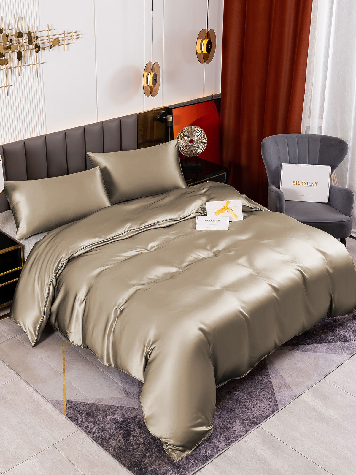 [Khaki] SilkSilky-AU 19Momme Pure Silk Bedding Set 001