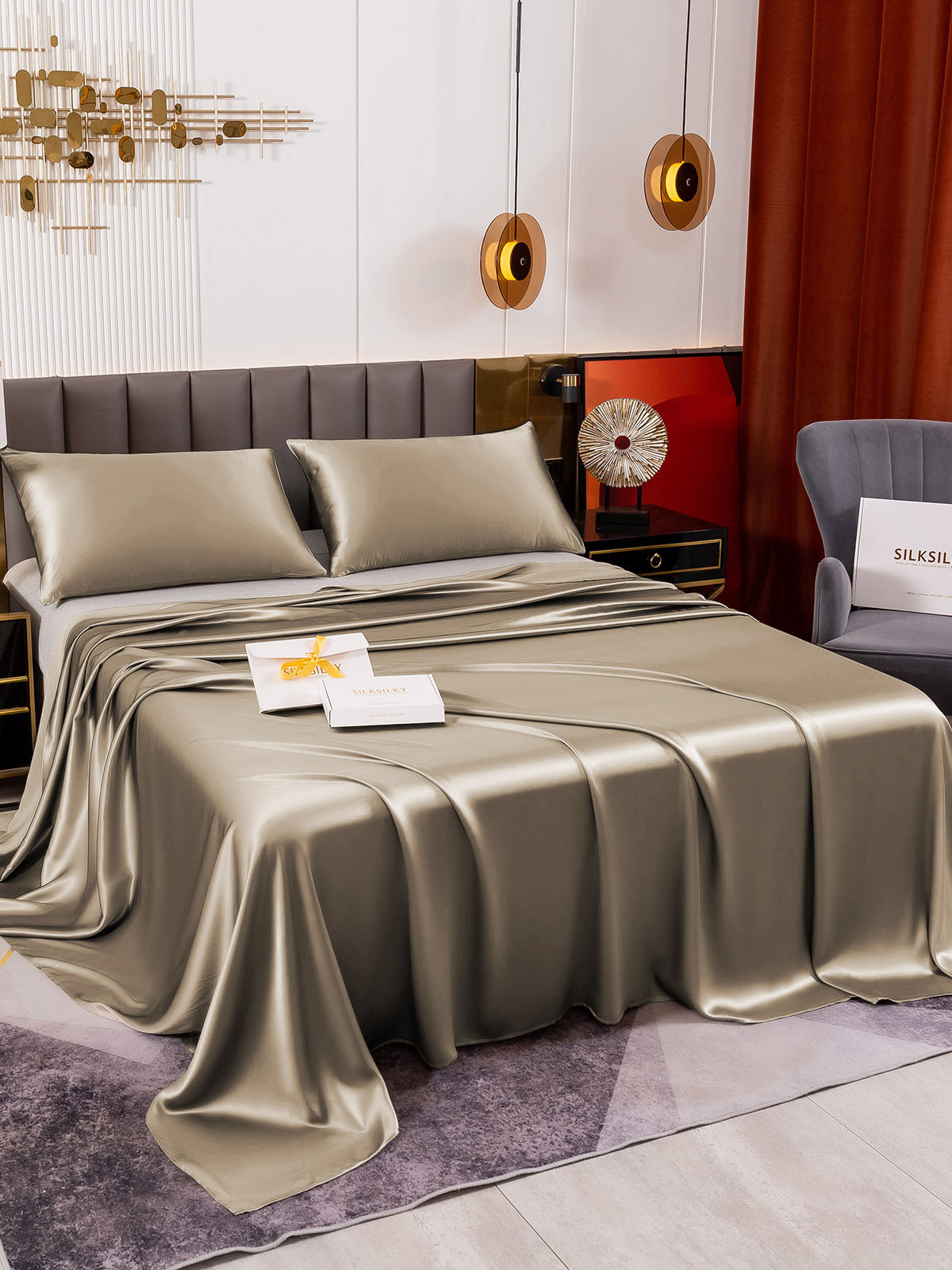 [Khaki] SilkSilky-AU 19Momme Pure Silk Bedding Set 003