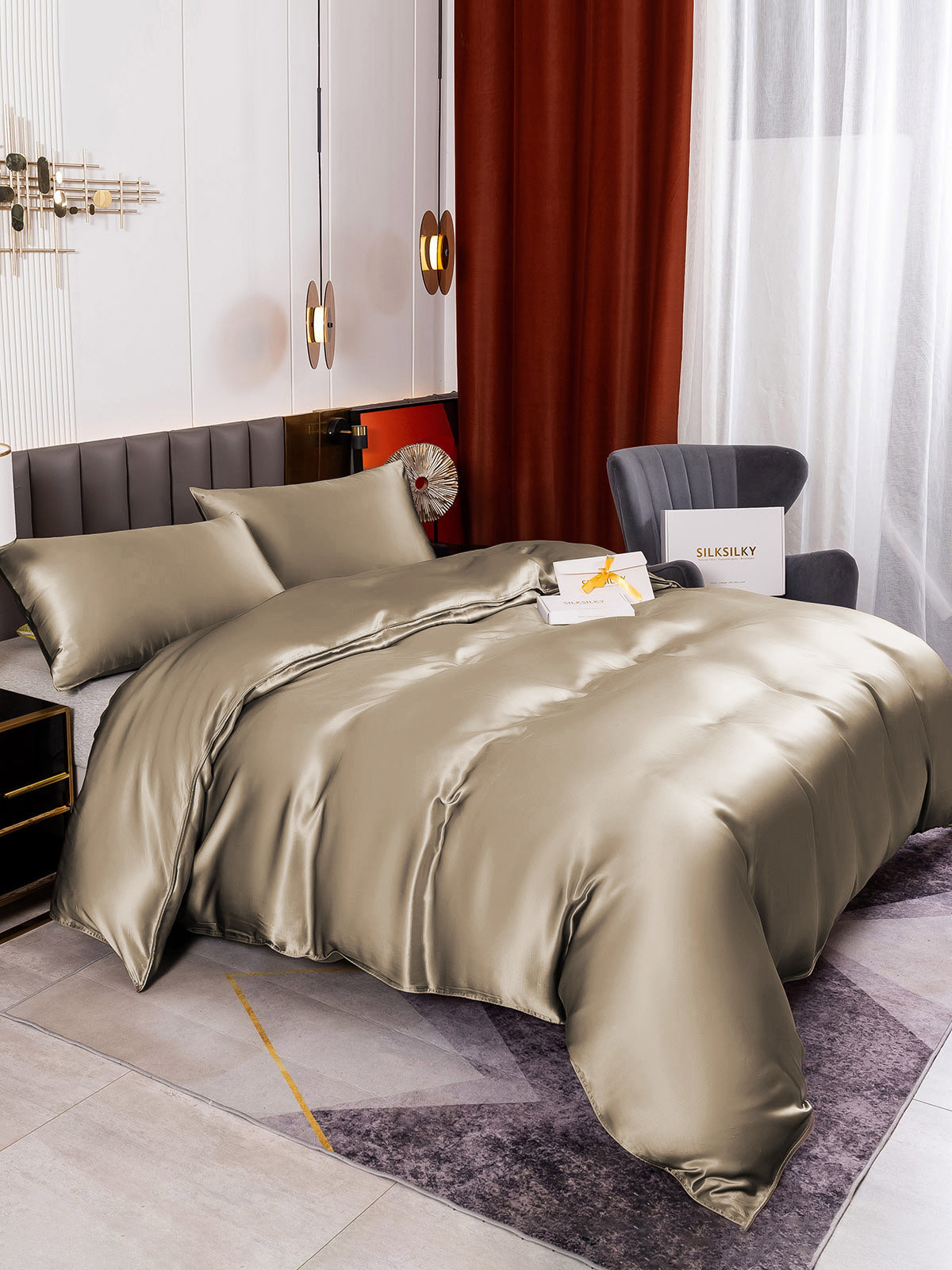 [Khaki] SilkSilky-AU 19Momme Pure Silk Bedding Set 003