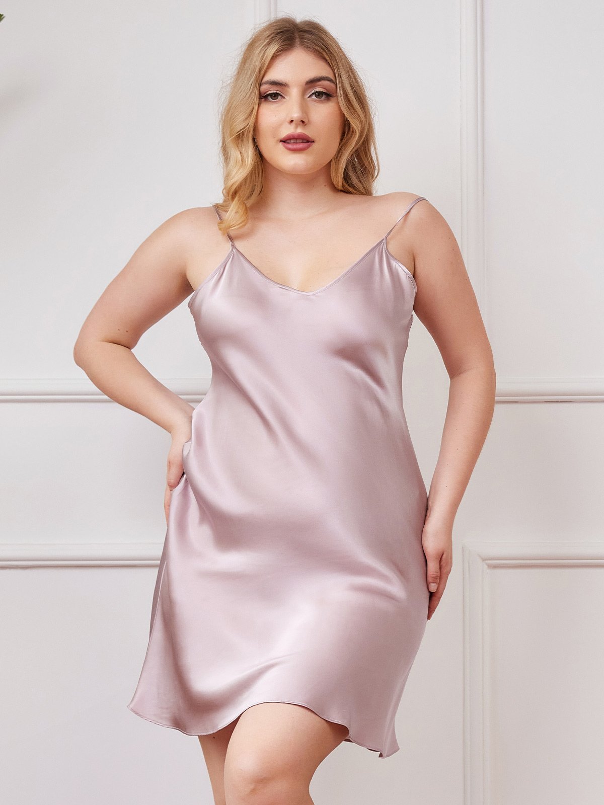 [Lavender] SilkSilky-AU Pure Silk Deep V Neck Plus Size Dress 001