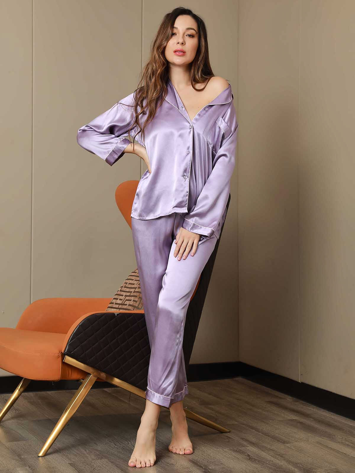 [Lavender] SilkSilky-AU Pure Silk Long Sleeve Lapel Women's Pyjamas 004