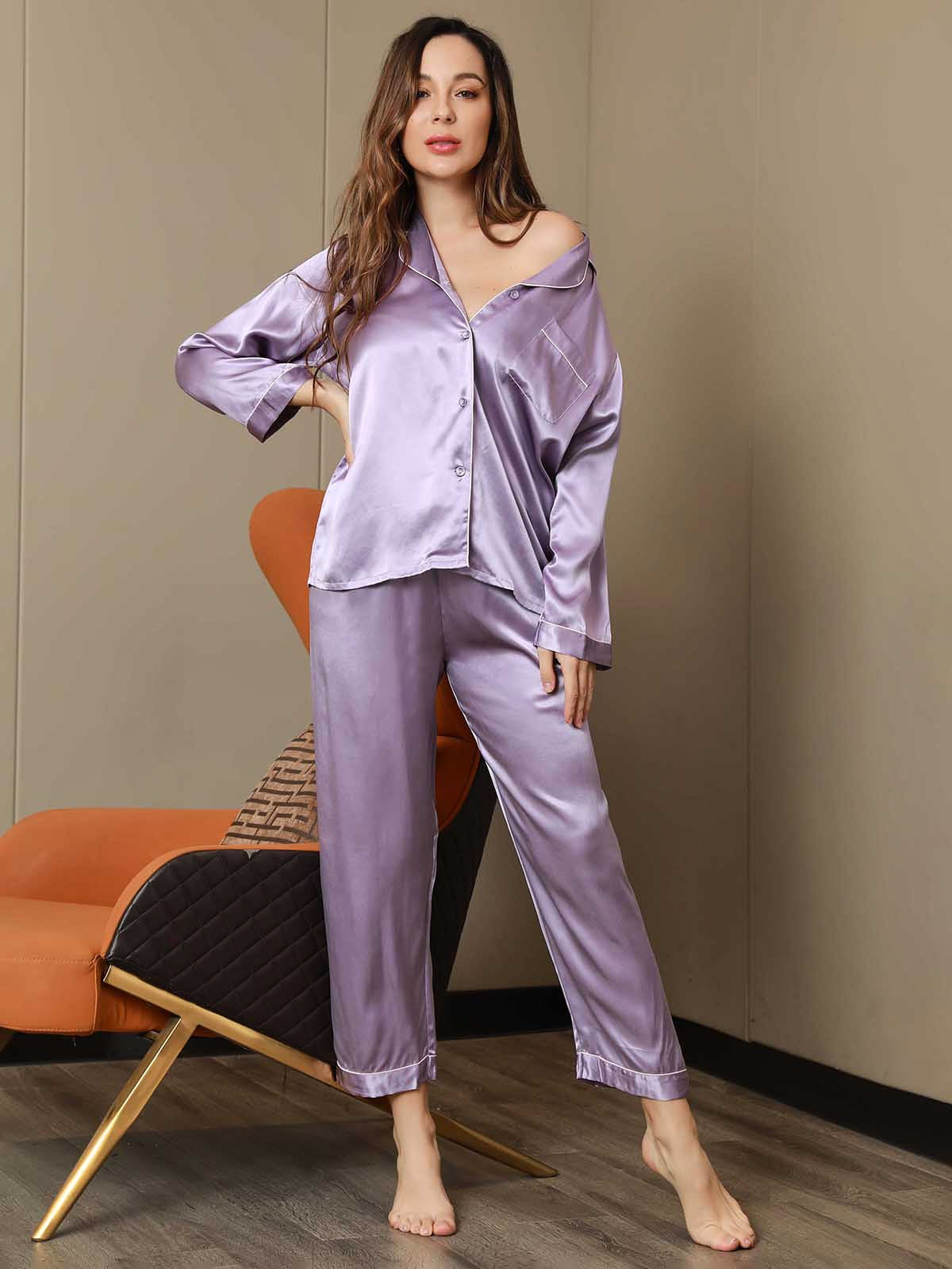 [Lavender] SilkSilky-AU Pure Silk Long Sleeve Lapel Women's Pyjamas 005