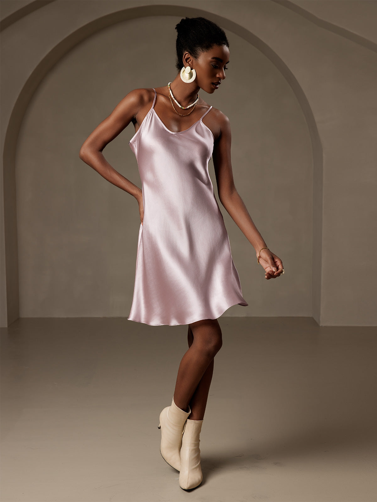 [Lavender] SilkSilky-AU Pure Silk Sleeveless V Neck Dress 006