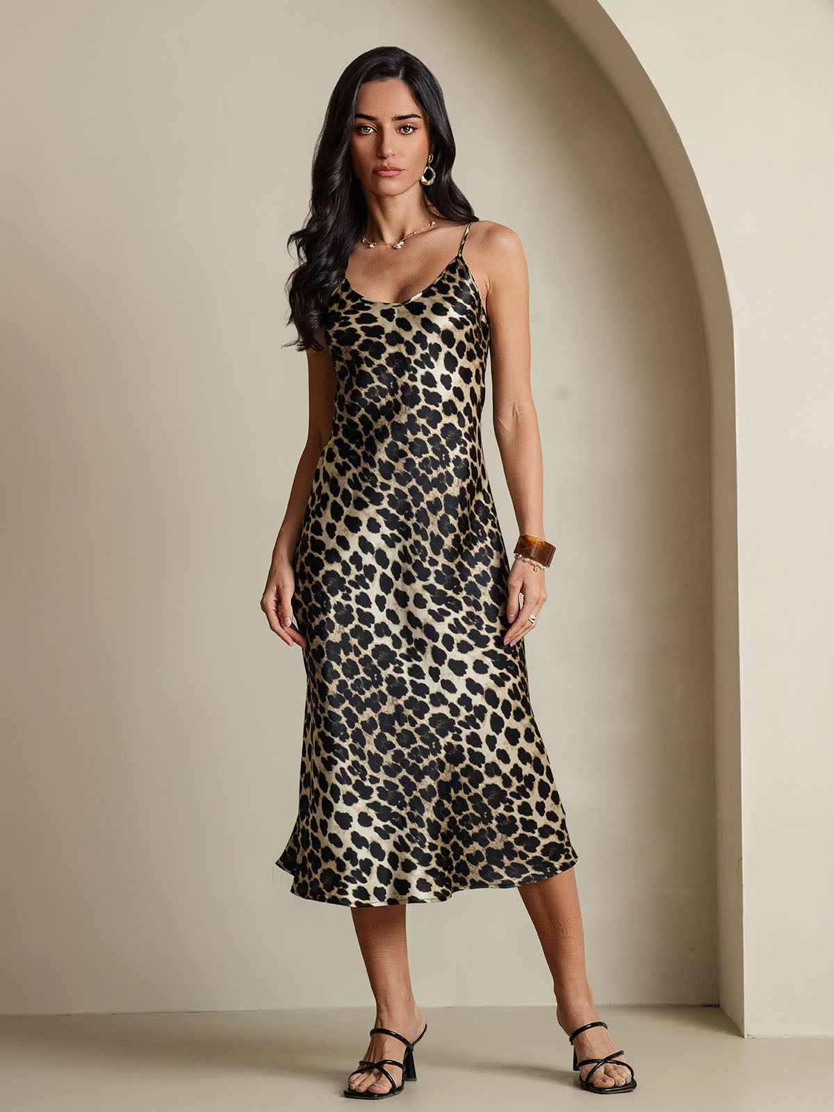 [Leopard] SilkSilky-AU Pure Silk Sleeveless Round Neck Nightgown 001