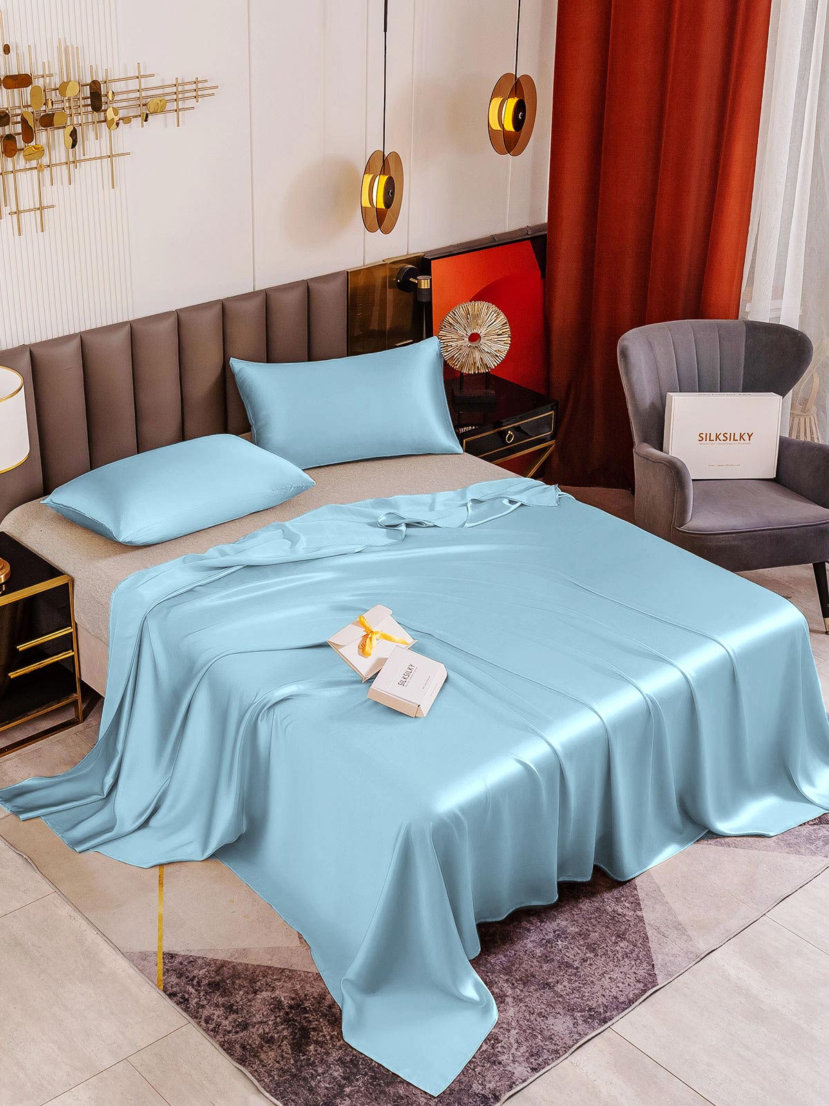 [Light Blue] SilkSilky-AU 19Momme Pure Silk Bedding Set 001