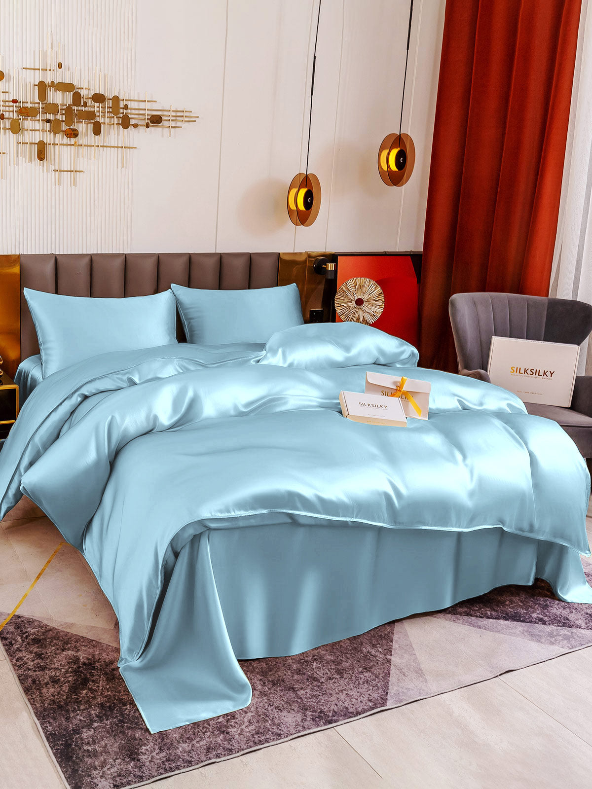 [Light Blue] SilkSilky-AU 19Momme Pure Silk Bedding Set 001