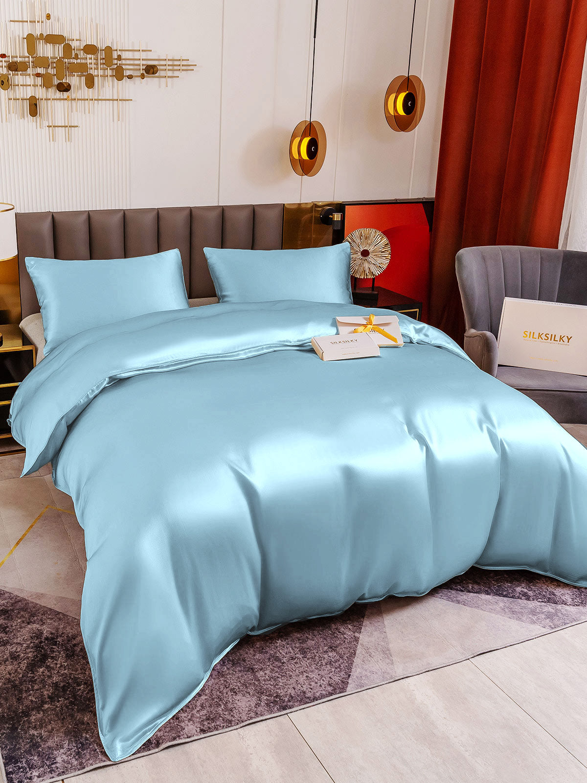 [Light Blue] SilkSilky-AU 19Momme Pure Silk Bedding Set 003