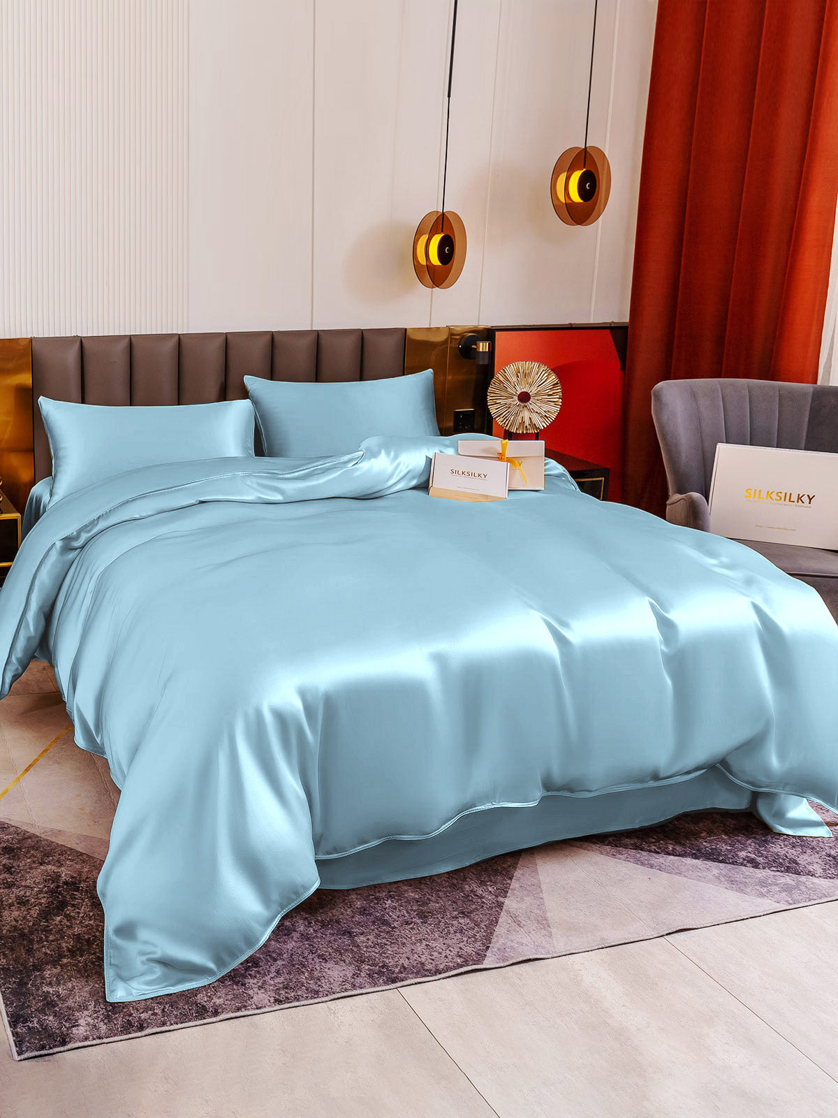 [Light Blue] SilkSilky-AU 19Momme Pure Silk Bedding Set 004