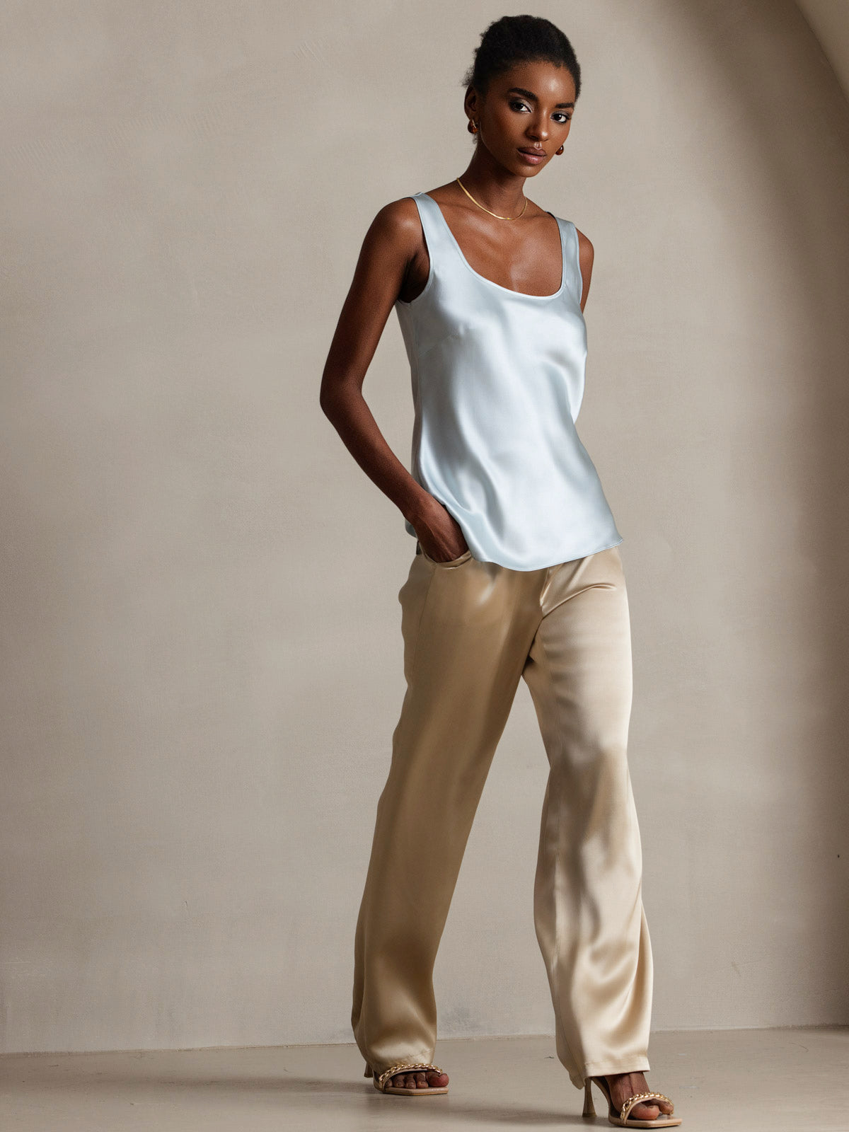 [Light Blue] SilkSilky-AU Pure Silk Sleeveless U Neck Camisole 003