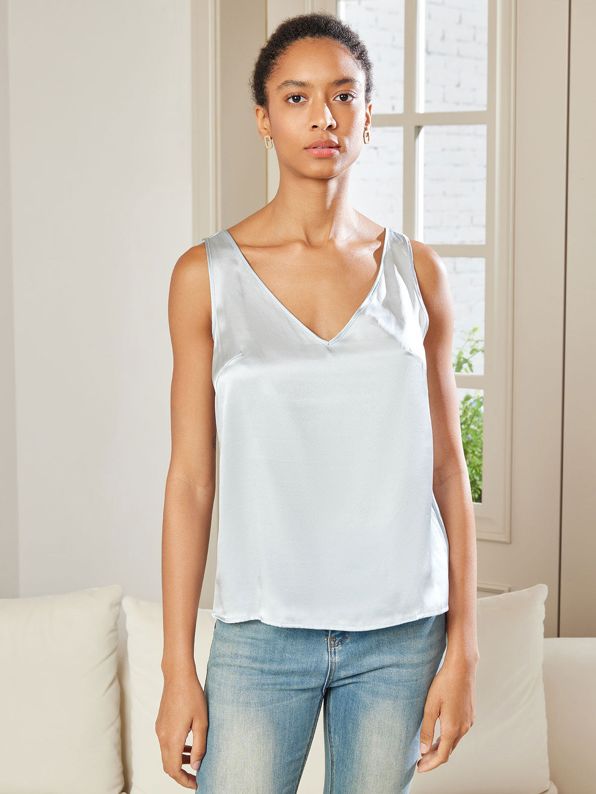 [Light Blue] SilkSilky-AU Pure Silk Sleeveless V Neck Camisole 005