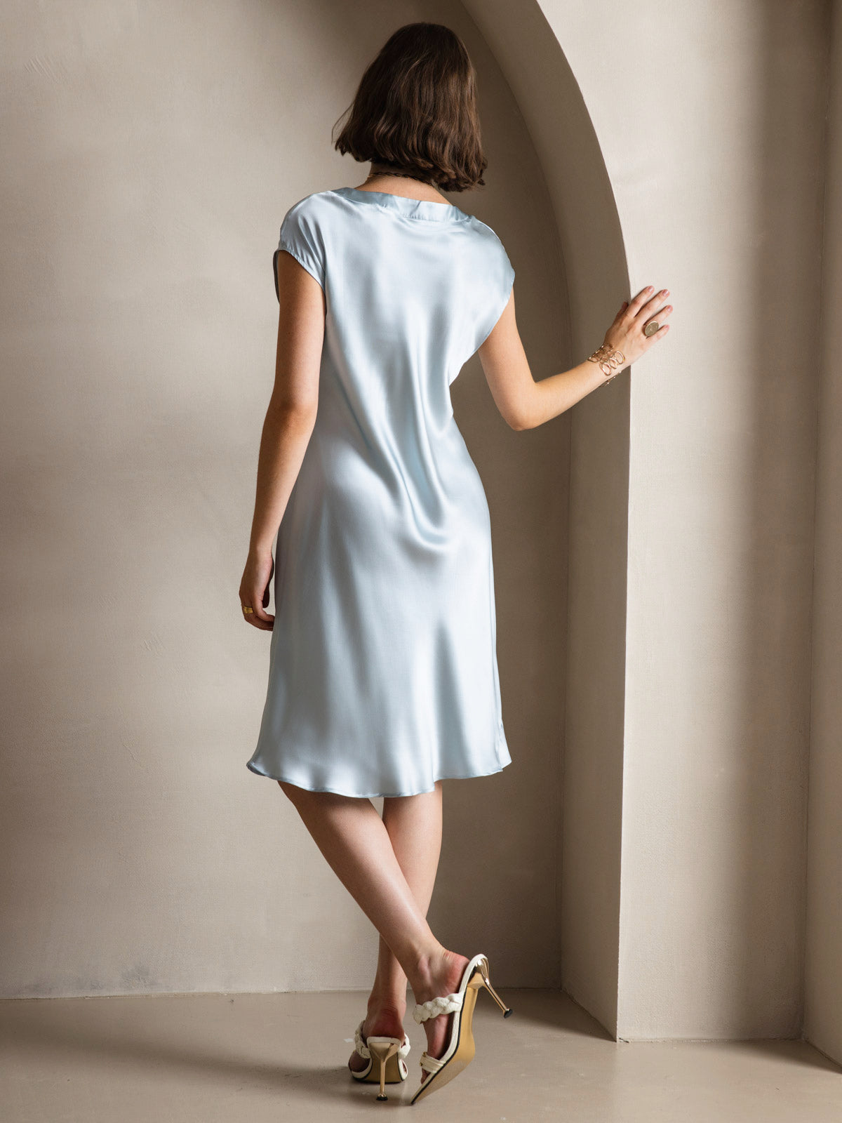 [Light Blue] SilkSilky-AU Pure Silk Sleeveless V Neck Dress 002