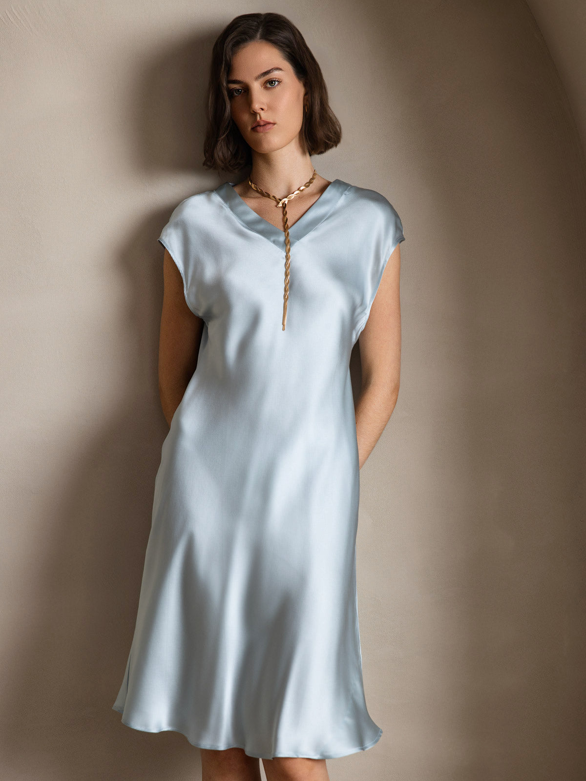 [Light Blue] SilkSilky-AU Pure Silk Sleeveless V Neck Dress 003