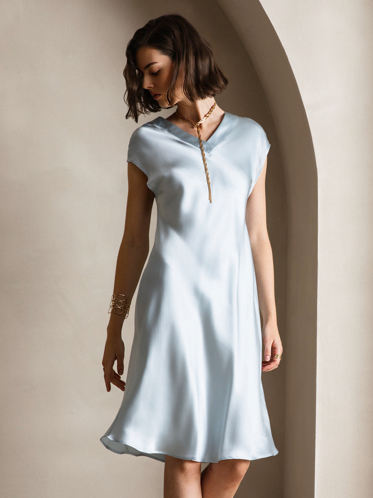 [Light Blue] SilkSilky-AU Pure Silk Sleeveless V Neck Dress 004