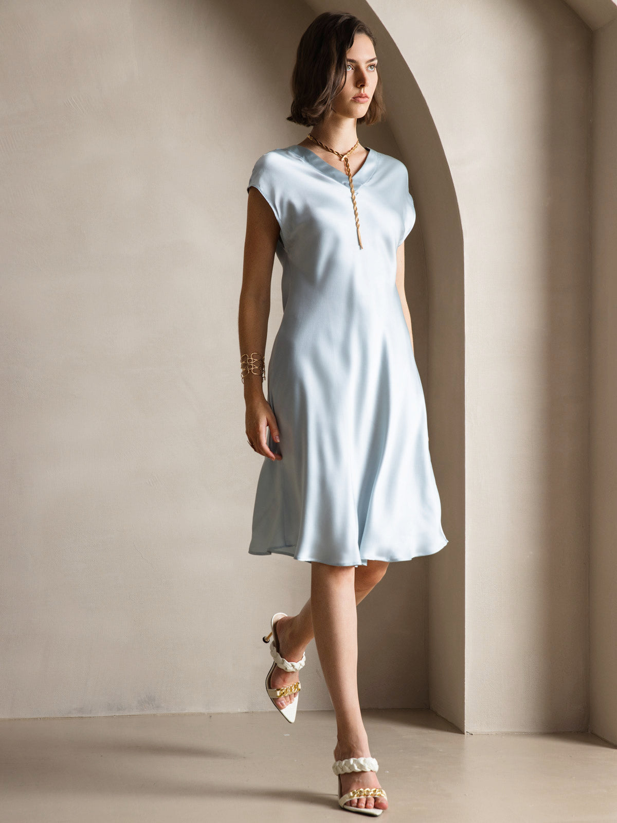 [Light Blue] SilkSilky-AU Pure Silk Sleeveless V Neck Dress 006