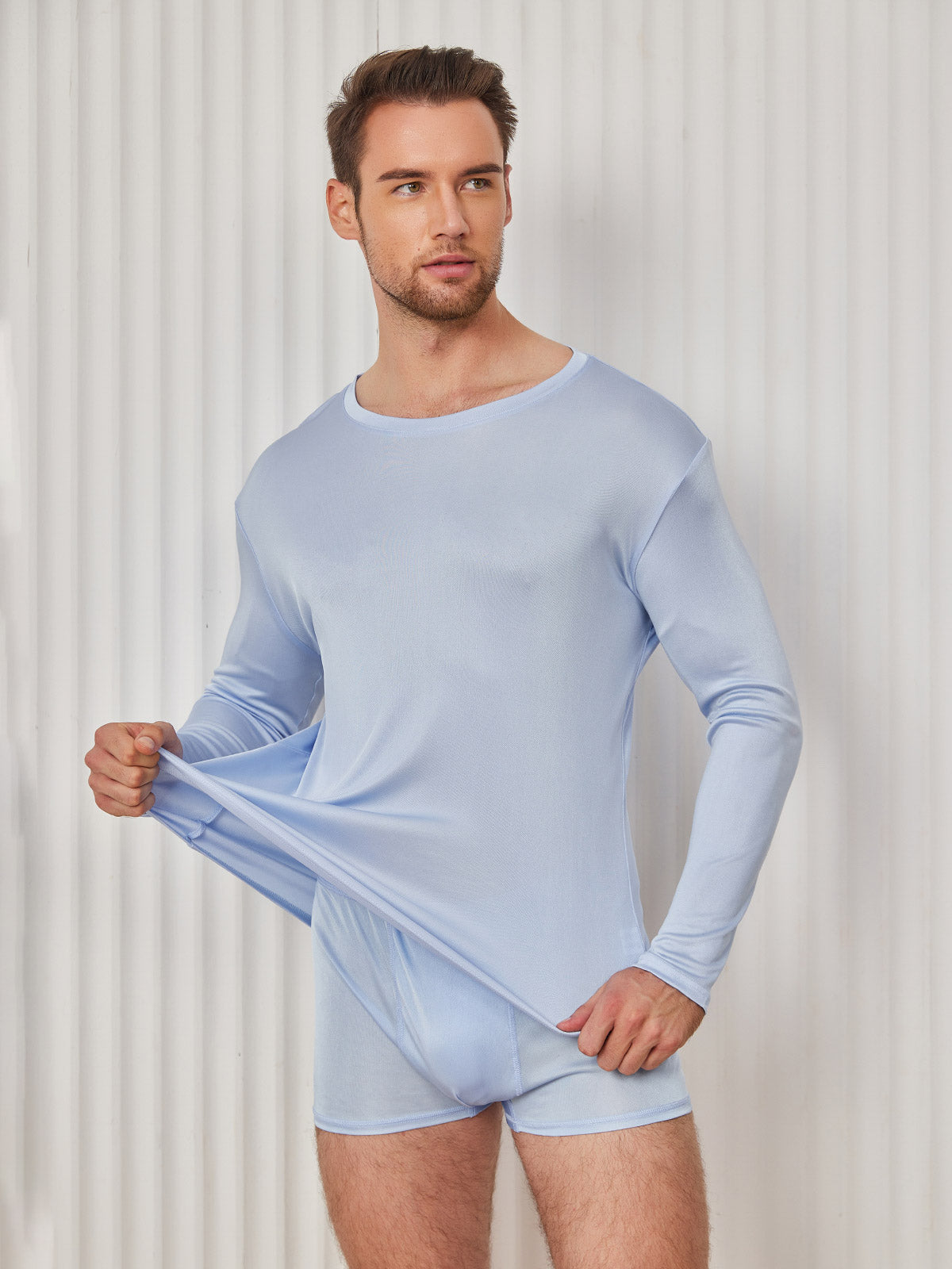 [Light Blue] SilkSilky-AU Silk Knitted Long Sleeve Round Neck Men's T-Shirt 001