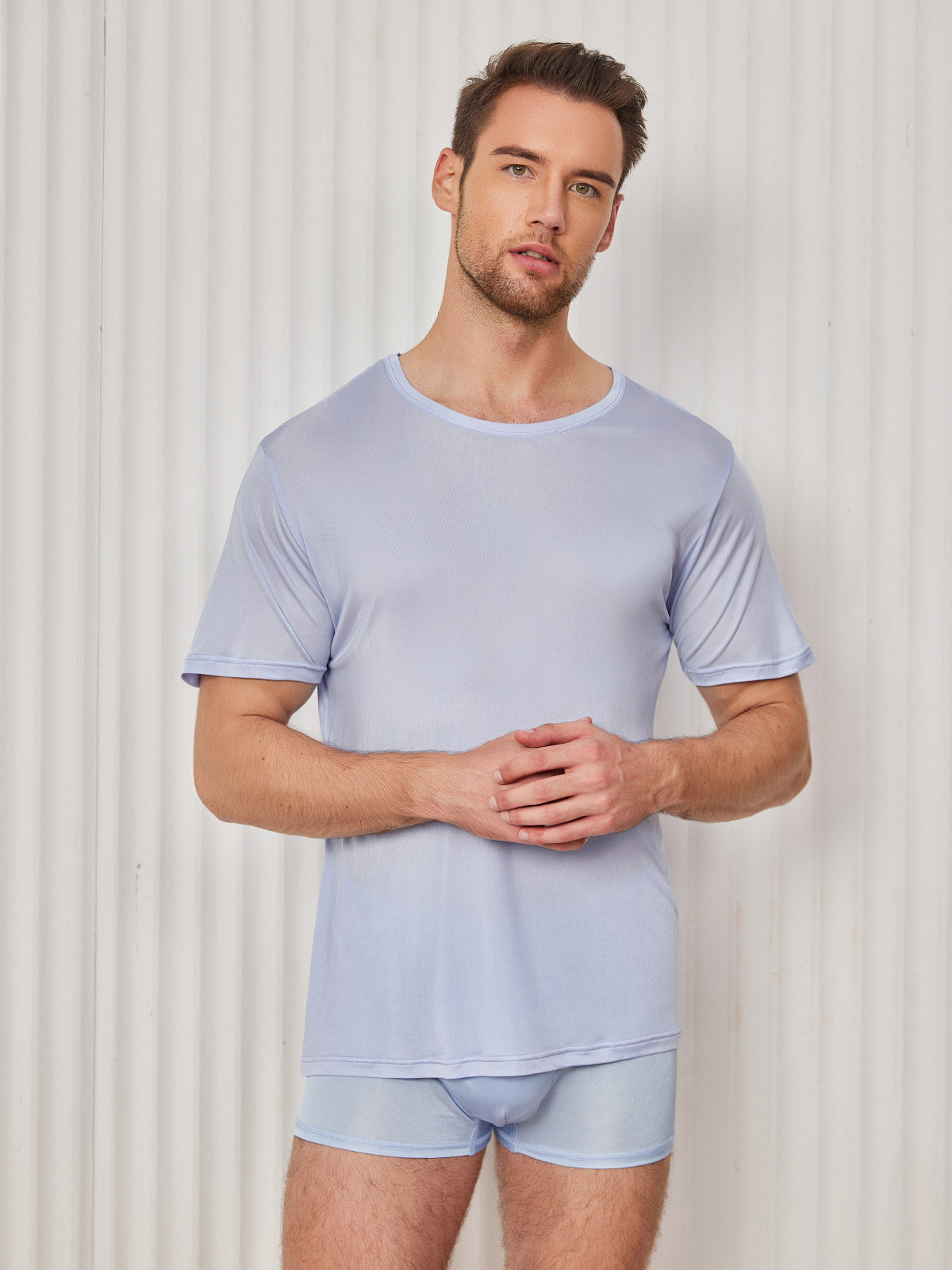 [Light Blue] SilkSilky-AU Silk Knitted Short Sleeve Round Neck Men's T-Shirt 001