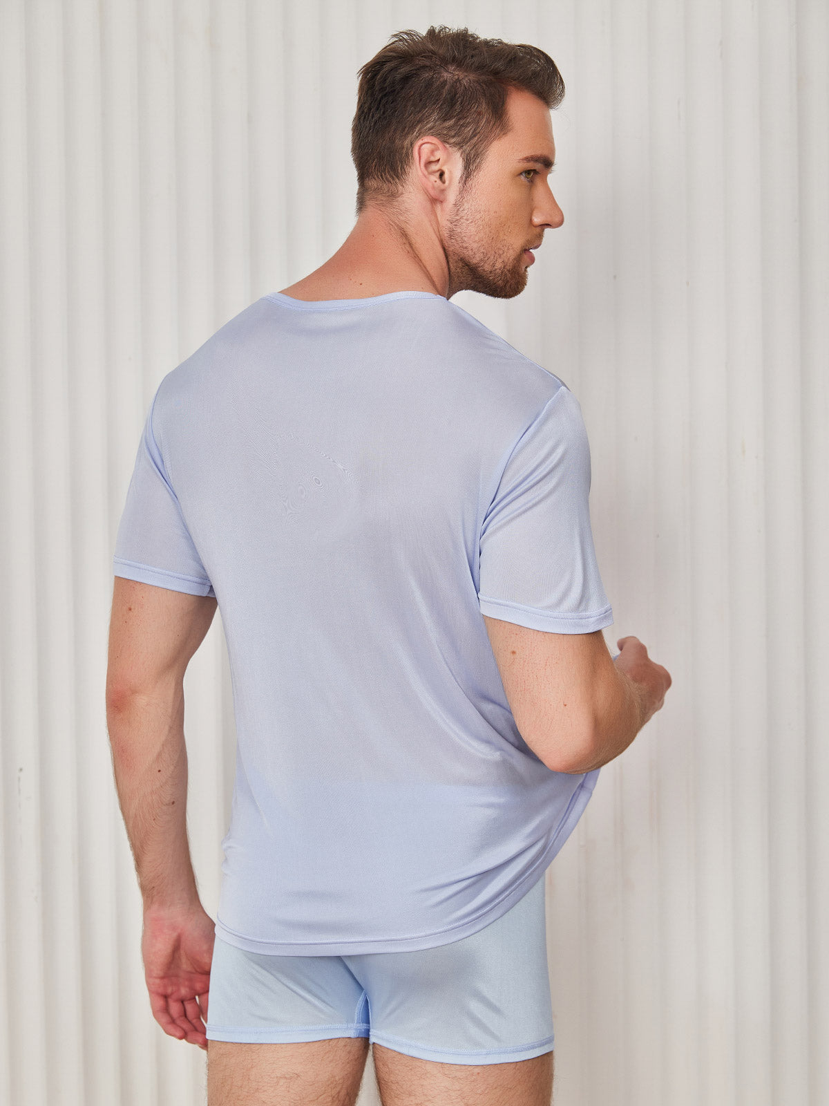 [Light Blue] SilkSilky-AU Silk Knitted Short Sleeve Round Neck Men's T-Shirt 002