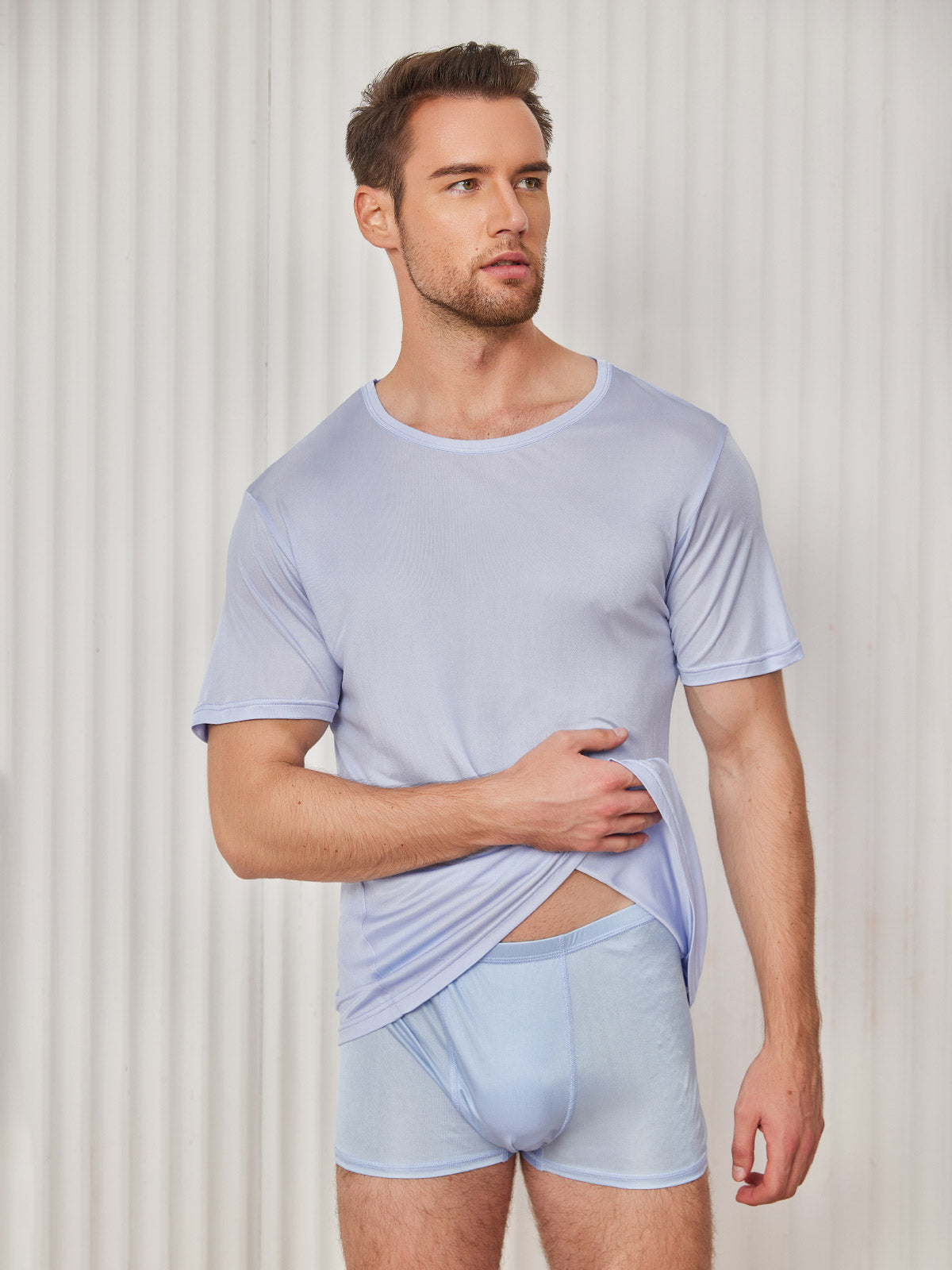 [Light Blue] SilkSilky-AU Silk Knitted Short Sleeve Round Neck Men's T-Shirt 004