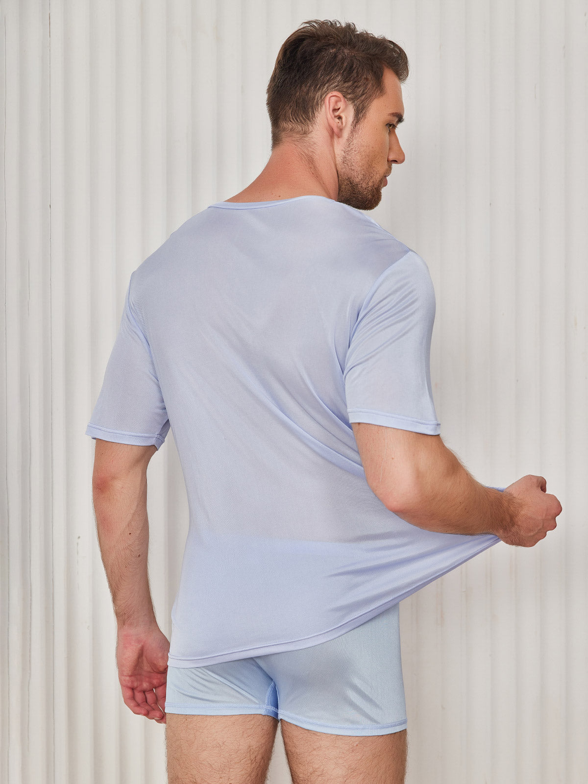[Light Blue] SilkSilky-AU Silk Knitted Short Sleeve V Neck Men's T-Shirt 002