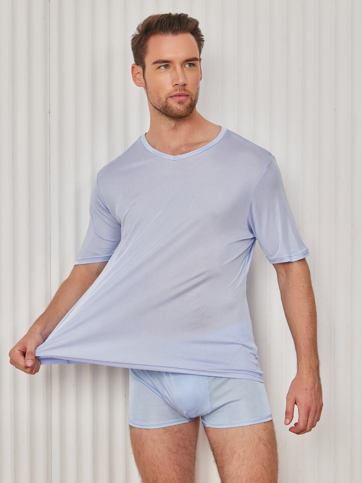 [Light Blue] SilkSilky-AU Silk Knitted Short Sleeve V Neck Men's T-Shirt 004