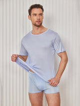 [Light Blue] SilkSilky-AU 100% Silk Jersey Short Sleeve Crew Neck Men's T-Shirt 003