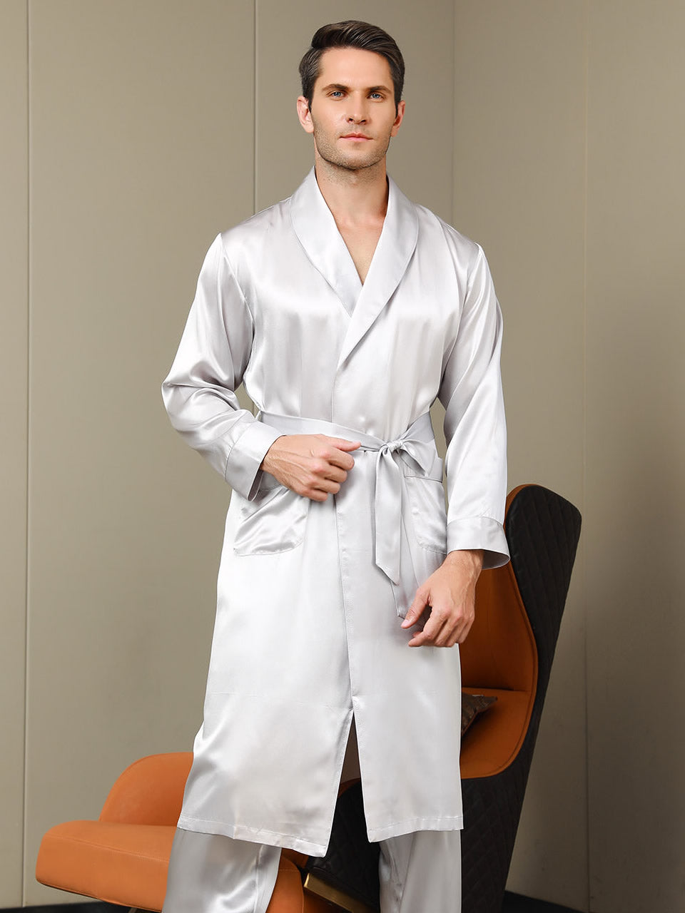 [Light Gray] SilkSilky-AU 19Momme Pure Silk Long Sleeve Lapel Men's Dressing Gown 001