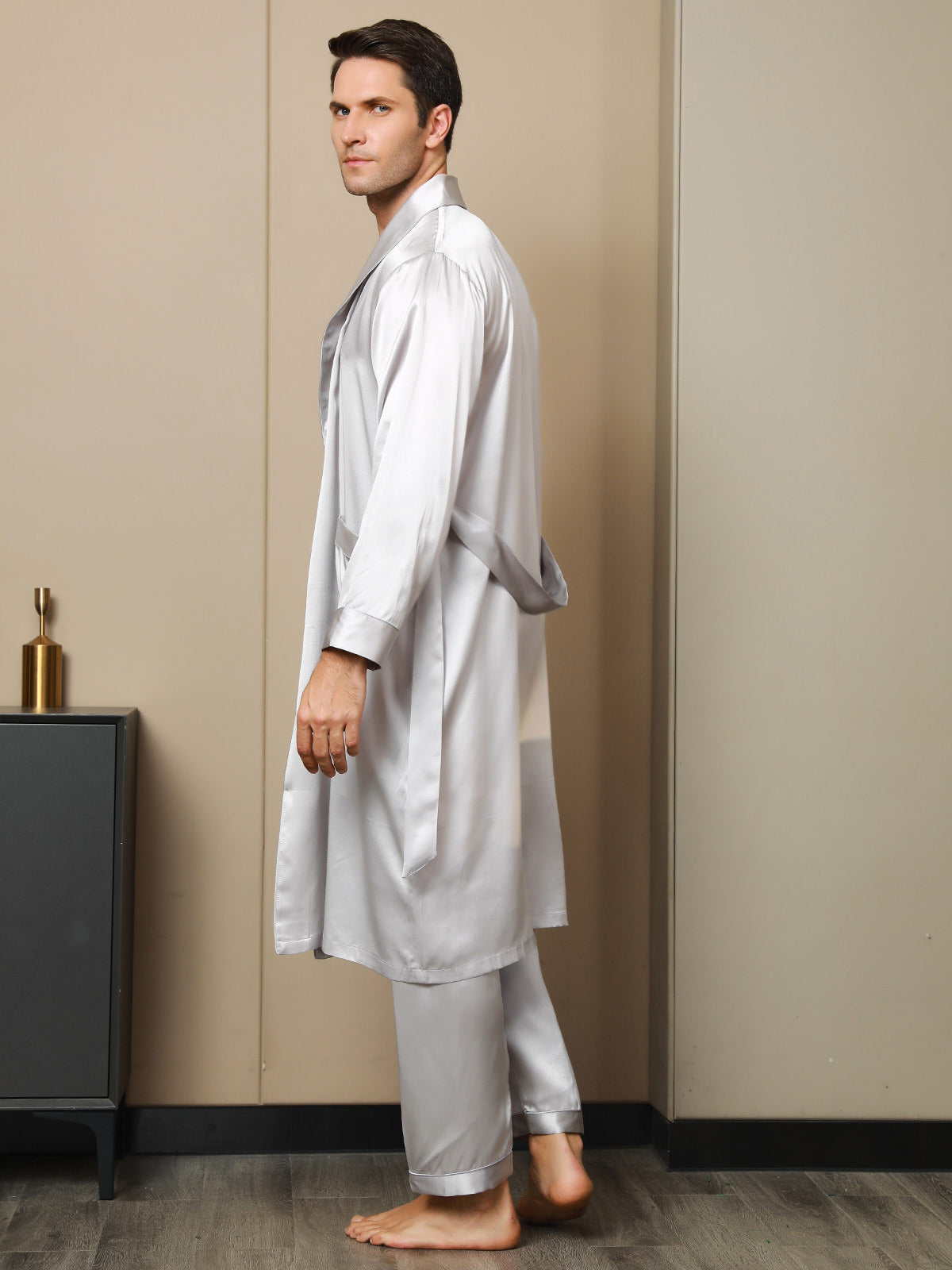 [Light Gray] SilkSilky-AU 19Momme Pure Silk Long Sleeve Lapel Men's Dressing Gown 002