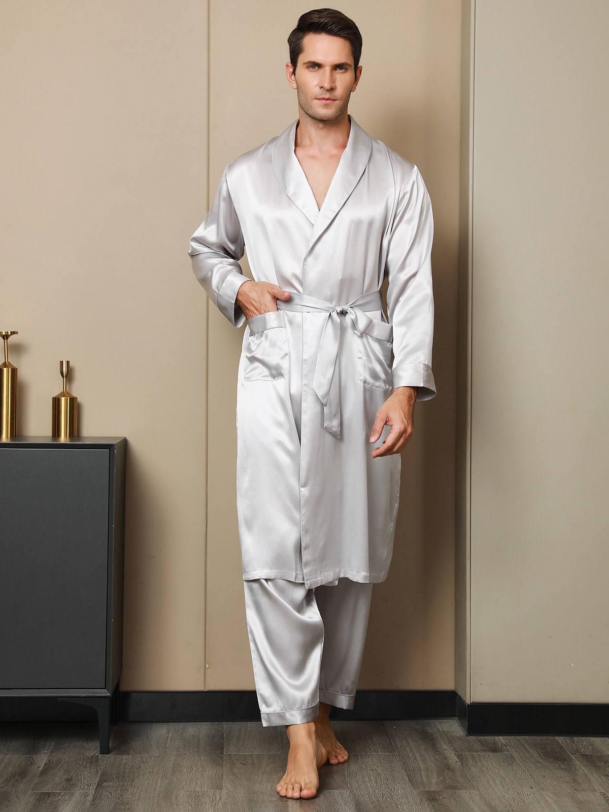 [Light Gray] SilkSilky-AU 19Momme Pure Silk Long Sleeve Lapel Men's Dressing Gown 006