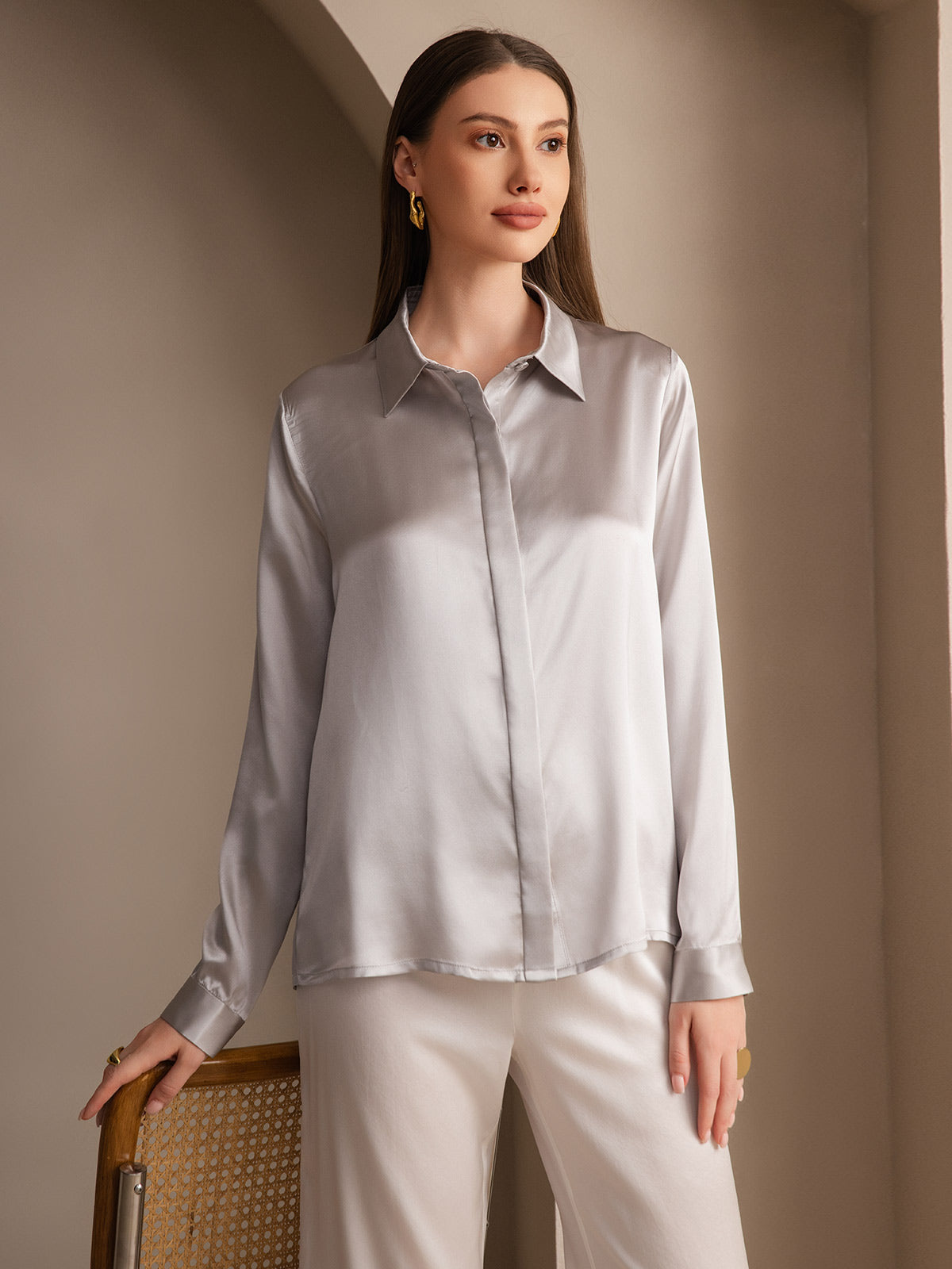 [Light Gray] SilkSilky-AU 19Momme Silk Lapel Collar Women's Shirt 001