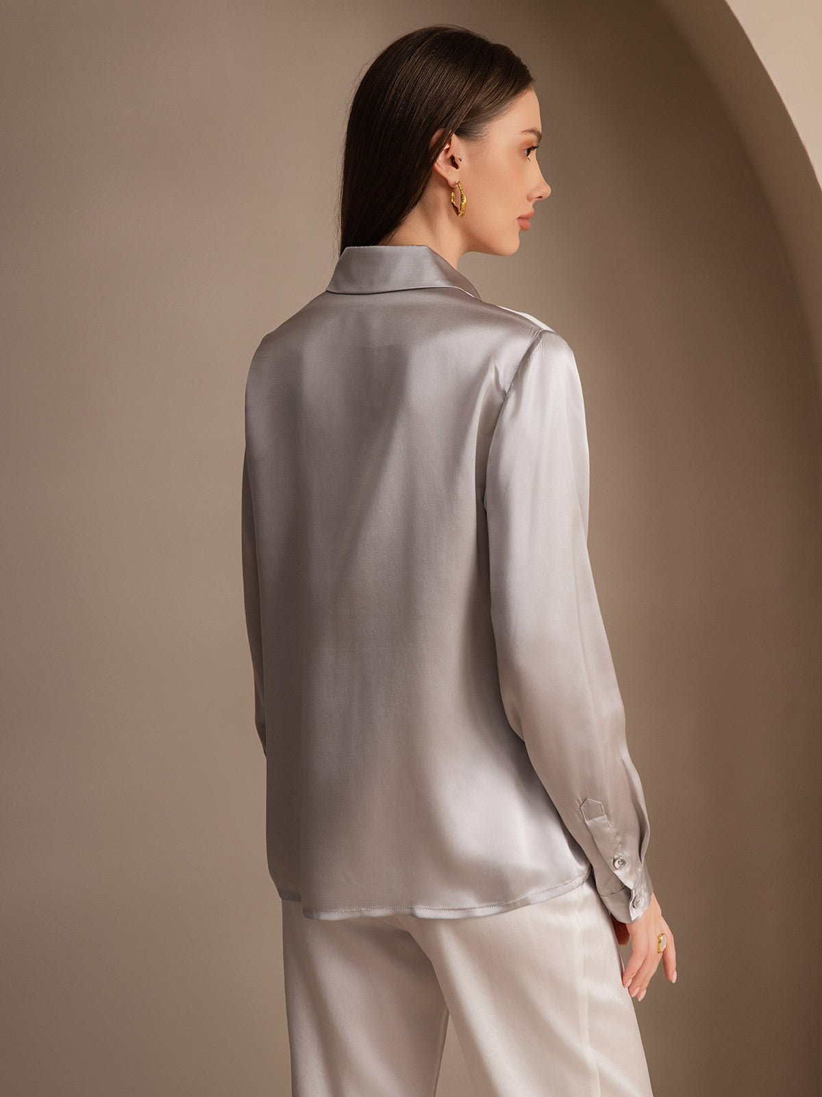 [Light Gray] SilkSilky-AU 19Momme Silk Lapel Collar Women's Shirt 002