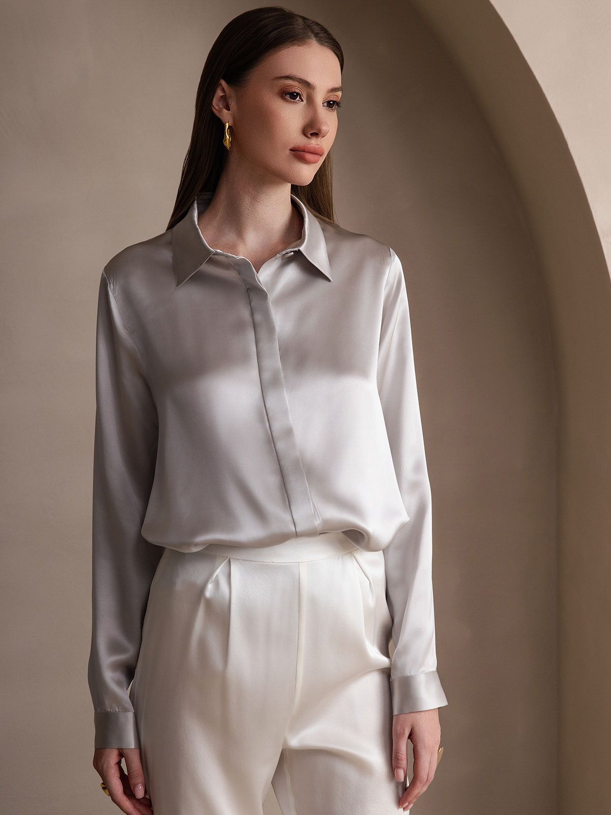 [Light Gray] SilkSilky-AU 19Momme Silk Lapel Collar Women's Shirt 003