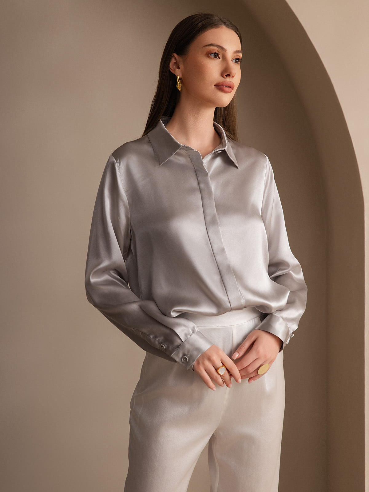 [Light Gray] SilkSilky-AU 19Momme Silk Lapel Collar Women's Shirt 004