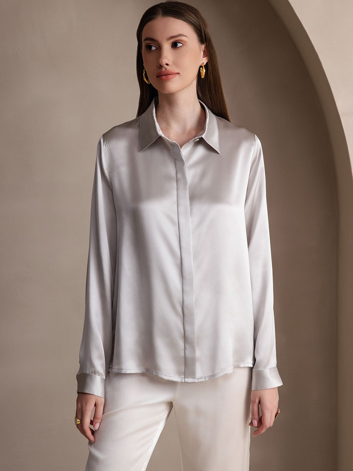 [Light Gray] SilkSilky-AU 19Momme Silk Lapel Collar Women's Shirt 005