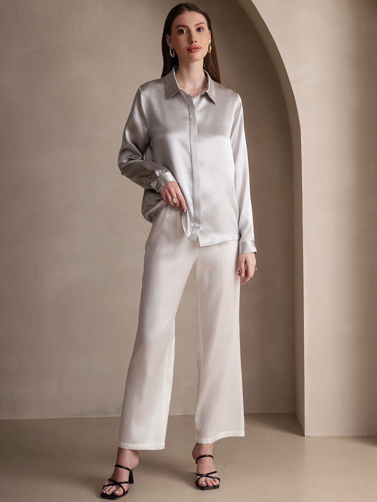 [Light Gray] SilkSilky-AU 19Momme Silk Lapel Collar Women's Shirt 006