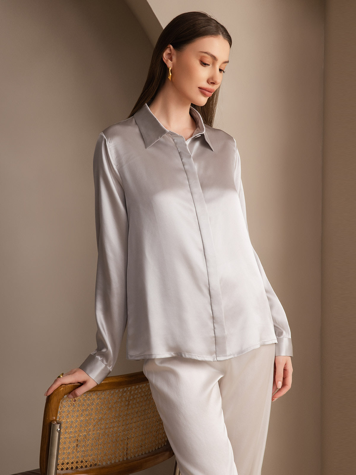 [Light Gray] SilkSilky-AU 19Momme Silk Lapel Collar Women's Shirt 007