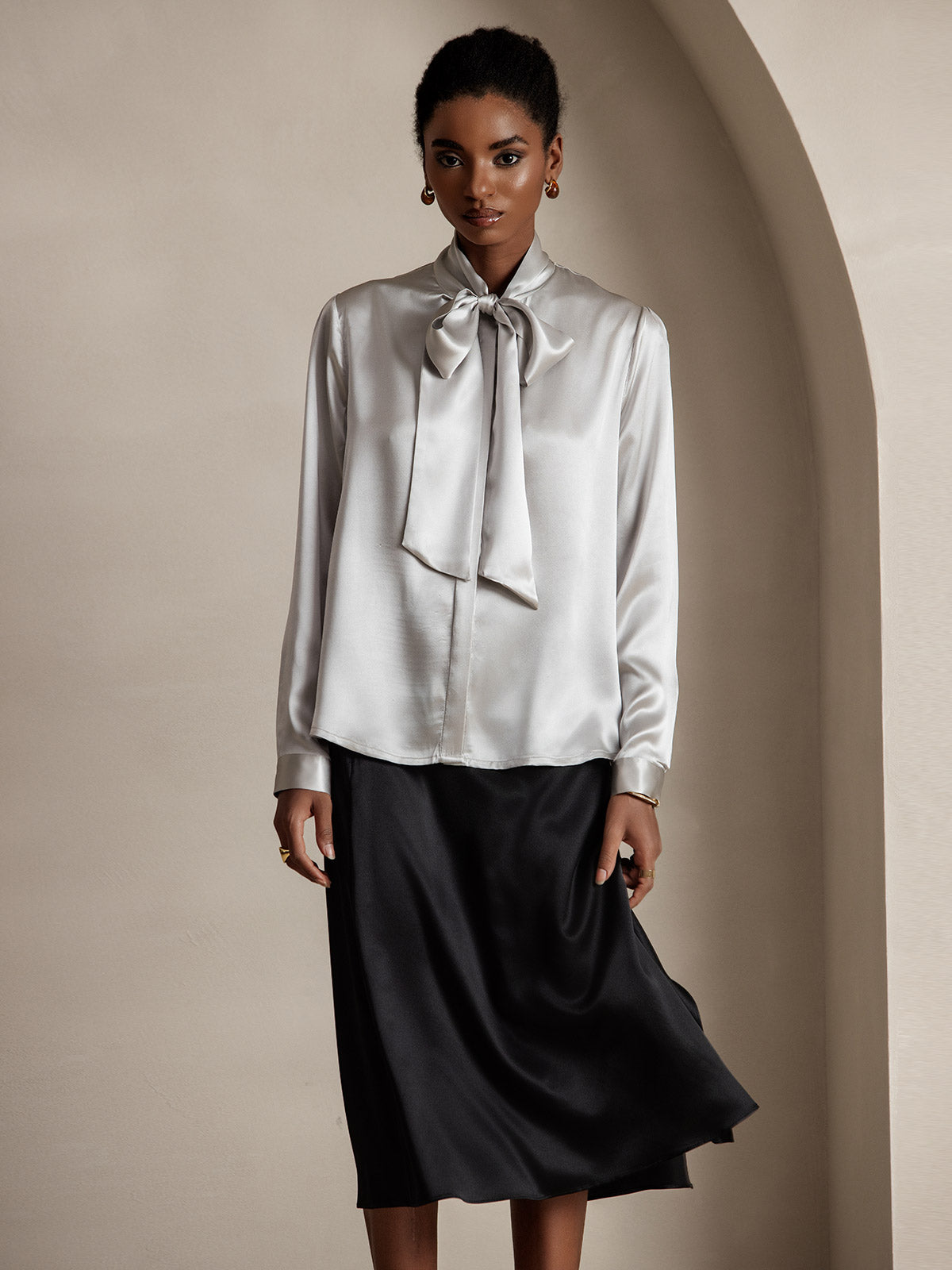 [Light Gray] SilkSilky-AU 19Momme Silk Long Sleeve Tie Neck Women's Shirt 001