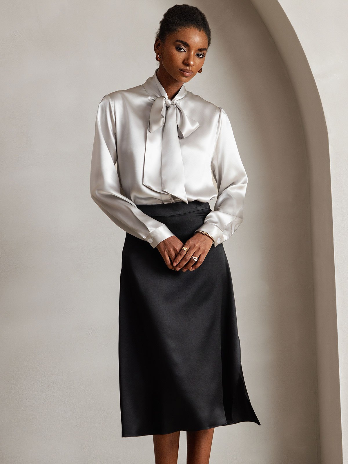 [Light Gray] SilkSilky-AU 19Momme Silk Long Sleeve Tie Neck Women's Shirt 005