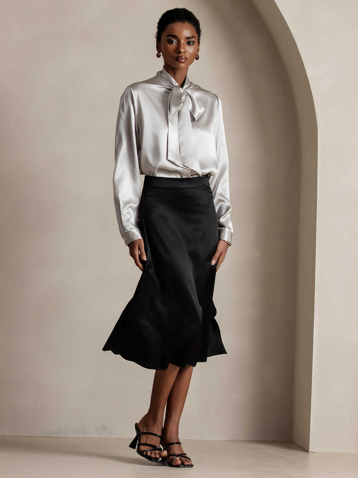 [Light Gray] SilkSilky-AU 19Momme Silk Long Sleeve Tie Neck Women's Shirt 007
