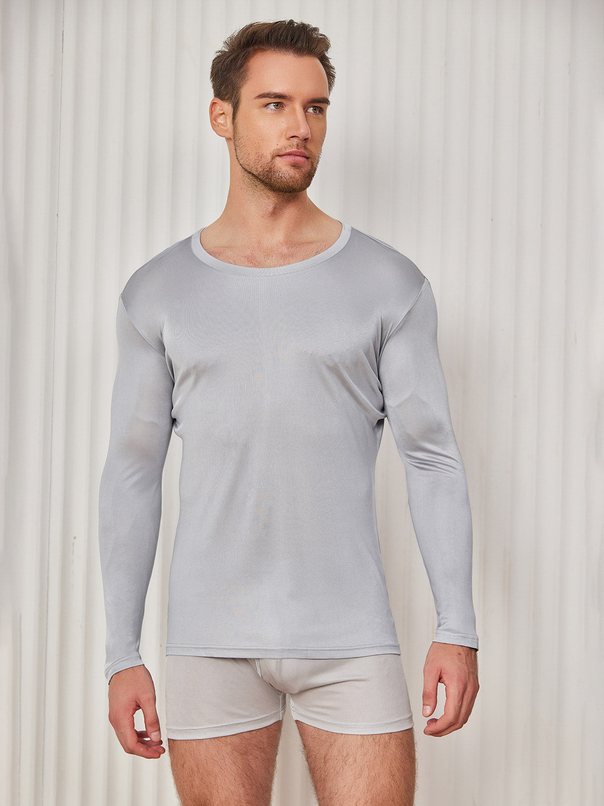 [Light Gray] SilkSilky-AU Silk Knitted Long Sleeve Round Neck Men's T-Shirt 001