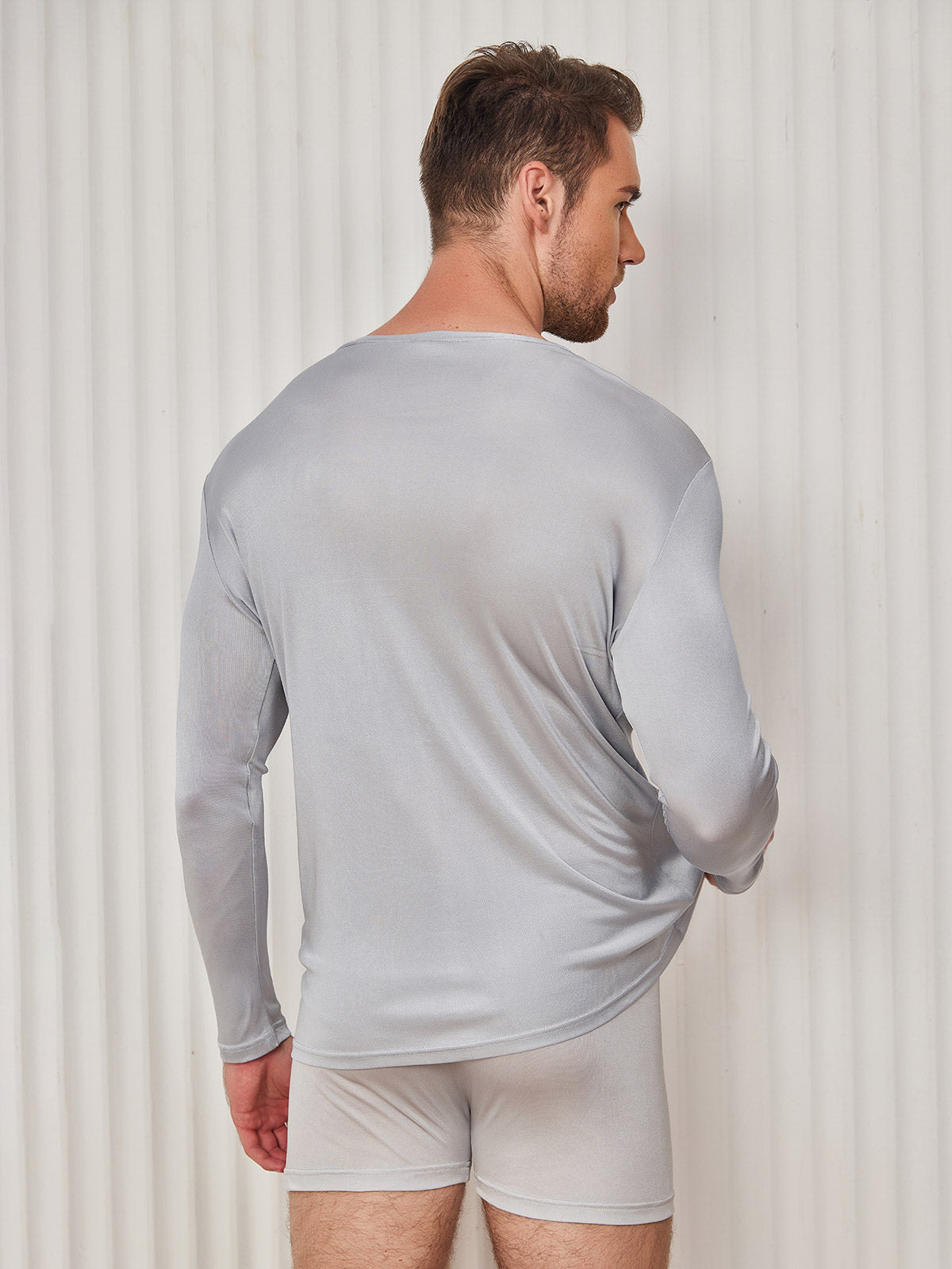 [Light Gray] SilkSilky-AU Silk Knitted Long Sleeve Round Neck Men's T-Shirt 002