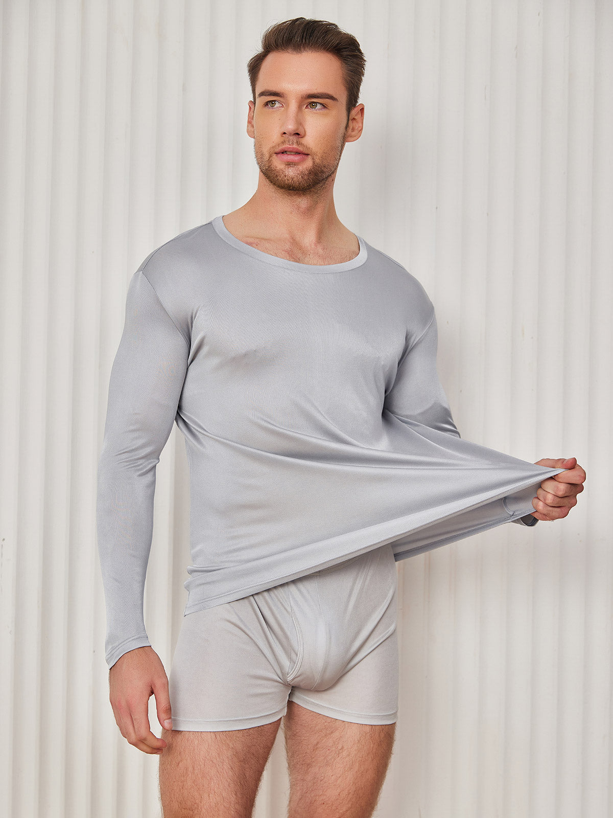 [Light Gray] SilkSilky-AU Silk Knitted Long Sleeve Round Neck Men's T-Shirt 004