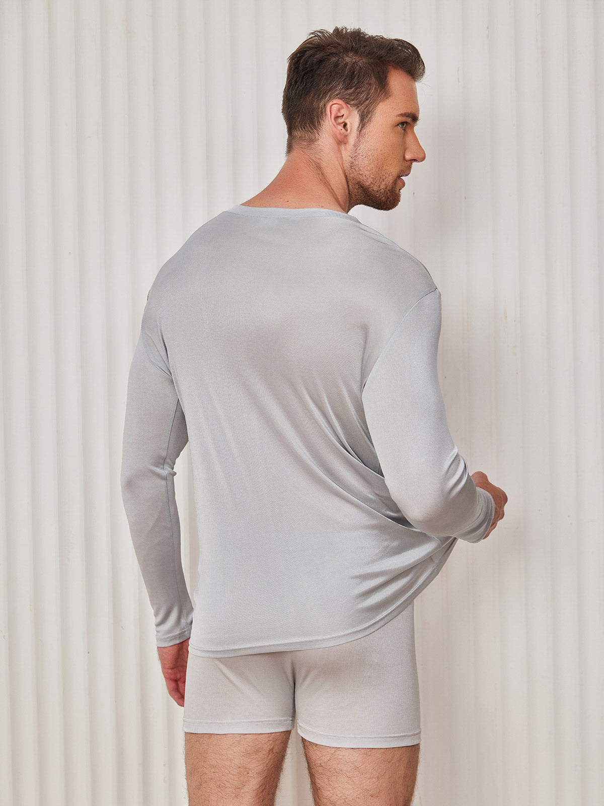 [Light Gray] SilkSilky-AU Silk Knitted Long Sleeve V Neck Men's T-Shirt 002